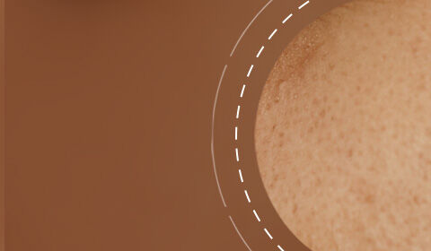 An abstract image featuring a close-up of skin texture against a brown background, with a circular design element.