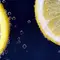 Close-up of two lemon slices submerged in sparkling water, with small bubbles clinging to the fruit.