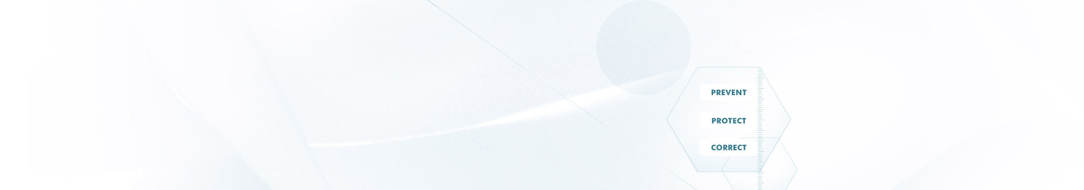 Abstracte afbeelding met een lichte achtergrond en de woorden "Prevent", "Protect" en "Correct" in een hexagonaal kader.