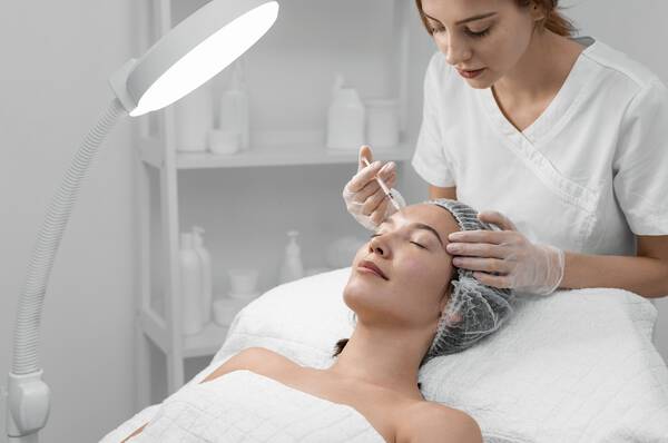 Een vrouw krijgt een schoonheidsbehandeling van een schoonheidsspecialiste in een moderne spa-omgeving.