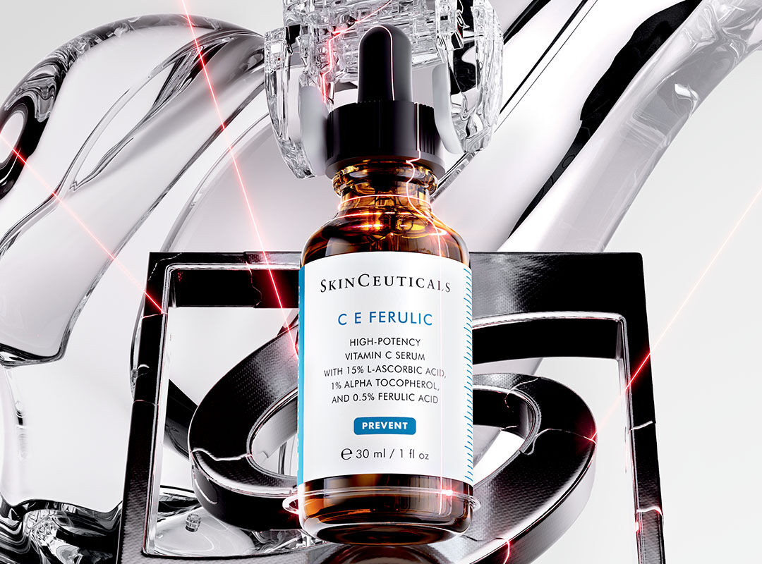 Serumflesje met druppelaar op een minimalistische achtergrond, die het strakke en moderne ontwerp benadrukt.