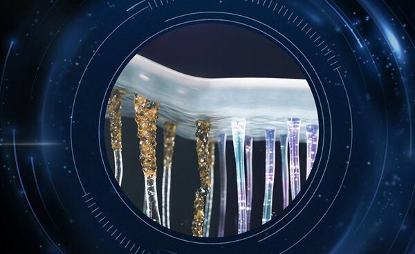 An abstract close-up view of jellyfish tentacles submerged in water, with a futuristic circular frame and glowing elements suggesting a high-tech visualization.