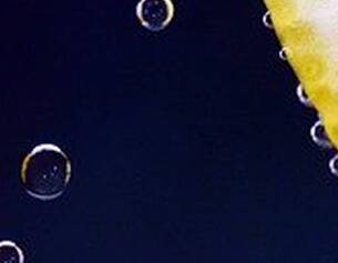 Schijfjes citroen met luchtbellen op een donkere achtergrond, wat een verfrissend en sprankelend effect creeert.